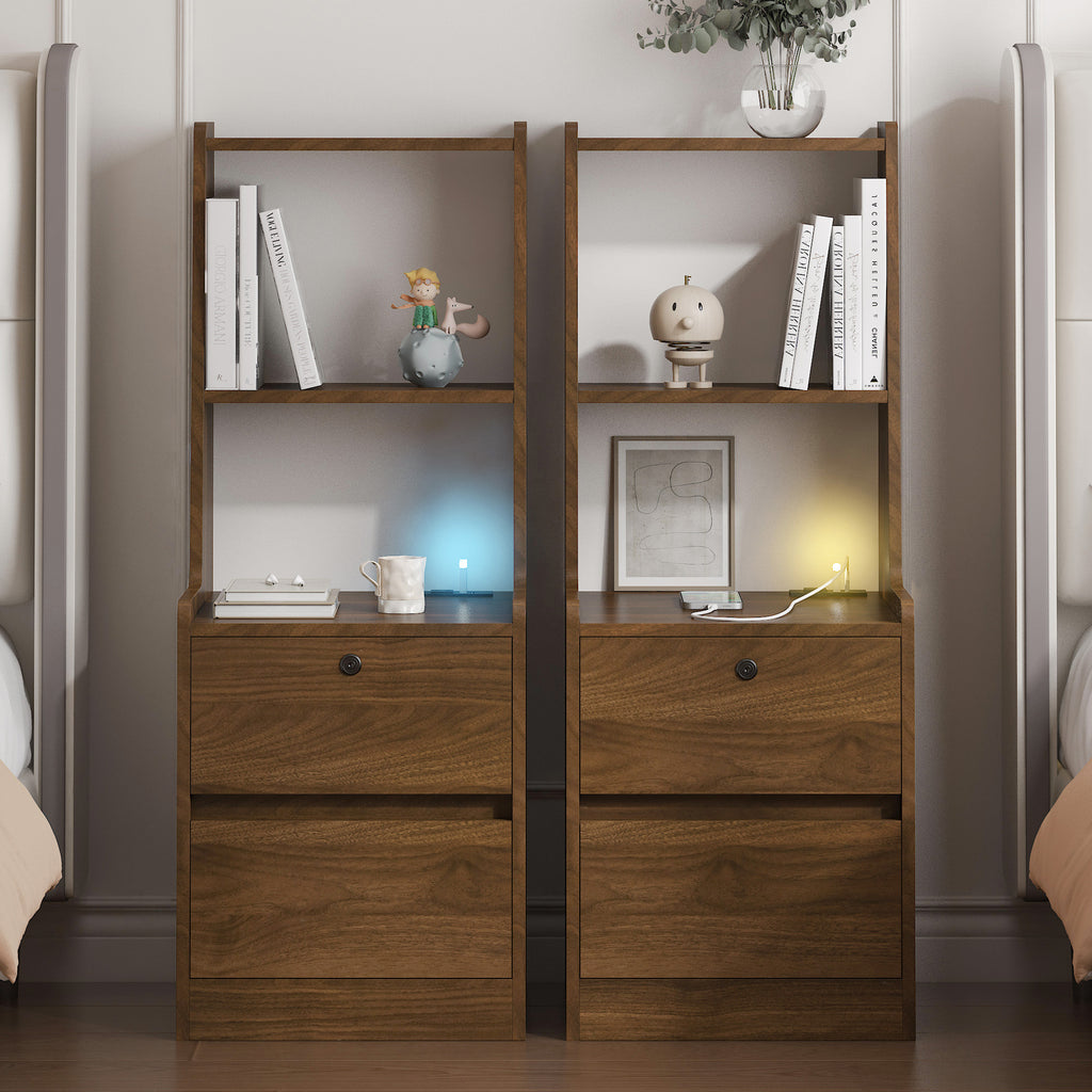 Nightstands Set of 2, with Charging Station, Smart Nightstand with Night Light, Modern Night Stand with Bookshelf, Bedside Tables with Storage Cabinet for Bedroom, Wood - Grand Goldman Shop