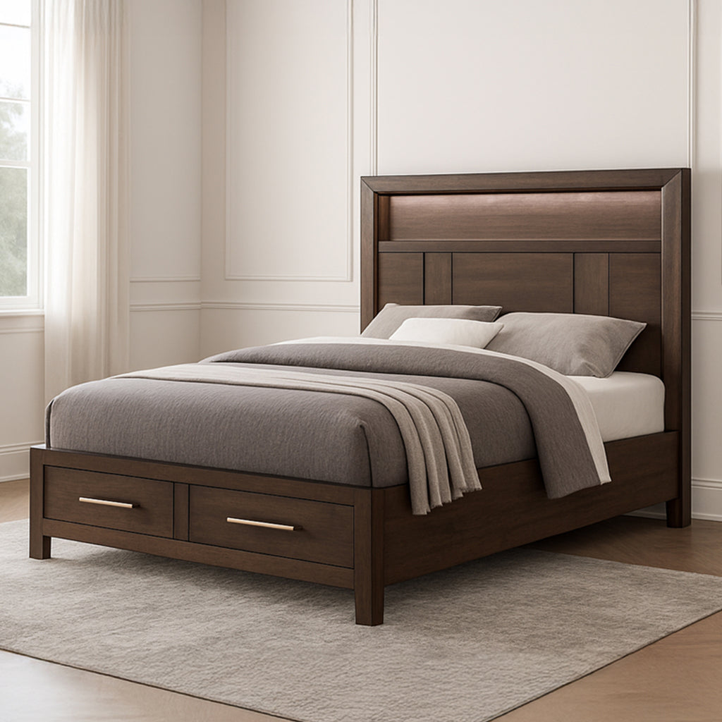 KENZO Modern King 5-Piece Storage Bedroom Set in Walnut Finish with LED Headboard, Bluetooth Speakers, USB Ports, Dresser, Mirror, Nightstand and Chest - Grand Goldman Shop