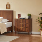 Fluted 3 Drawer Dresser Set of 2, Mid-Century Modern Tall Chest of Drawers with Vertical Grooved Design, Solid Wood Storage Cabinet with Metal Handles for Bedroom Living Room, Walnut - Grand Goldman Shop