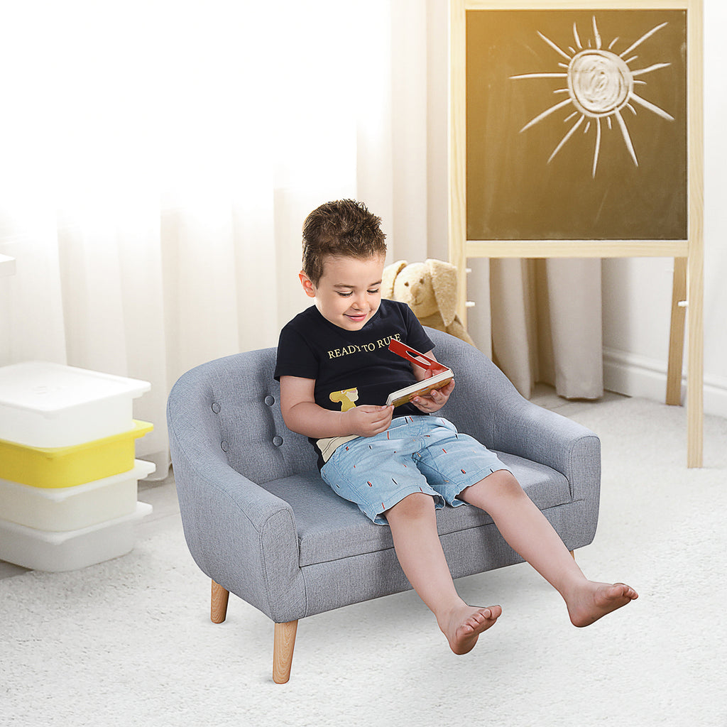 Stylish 2-Seat Kids Sofa Linen Fabric and Wooden Frame Sofa for Kids and Toddlers Ages 3-7, 11' High Seat, Gray - Available a