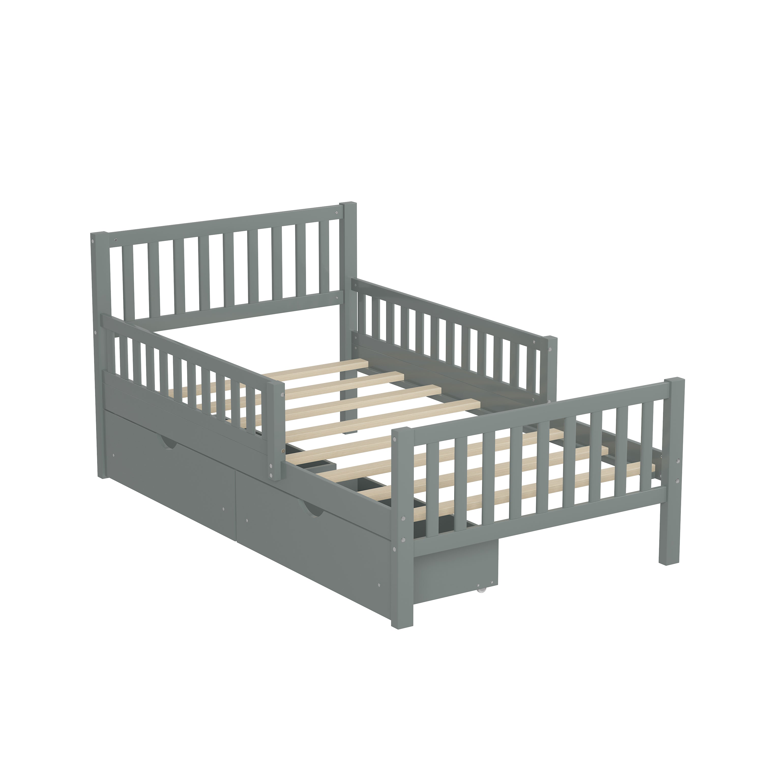 Twin Size Wood Platform Bed with Guardrails on Both Sides and Two Storage Drawers, Gray - Grand Goldman Shop