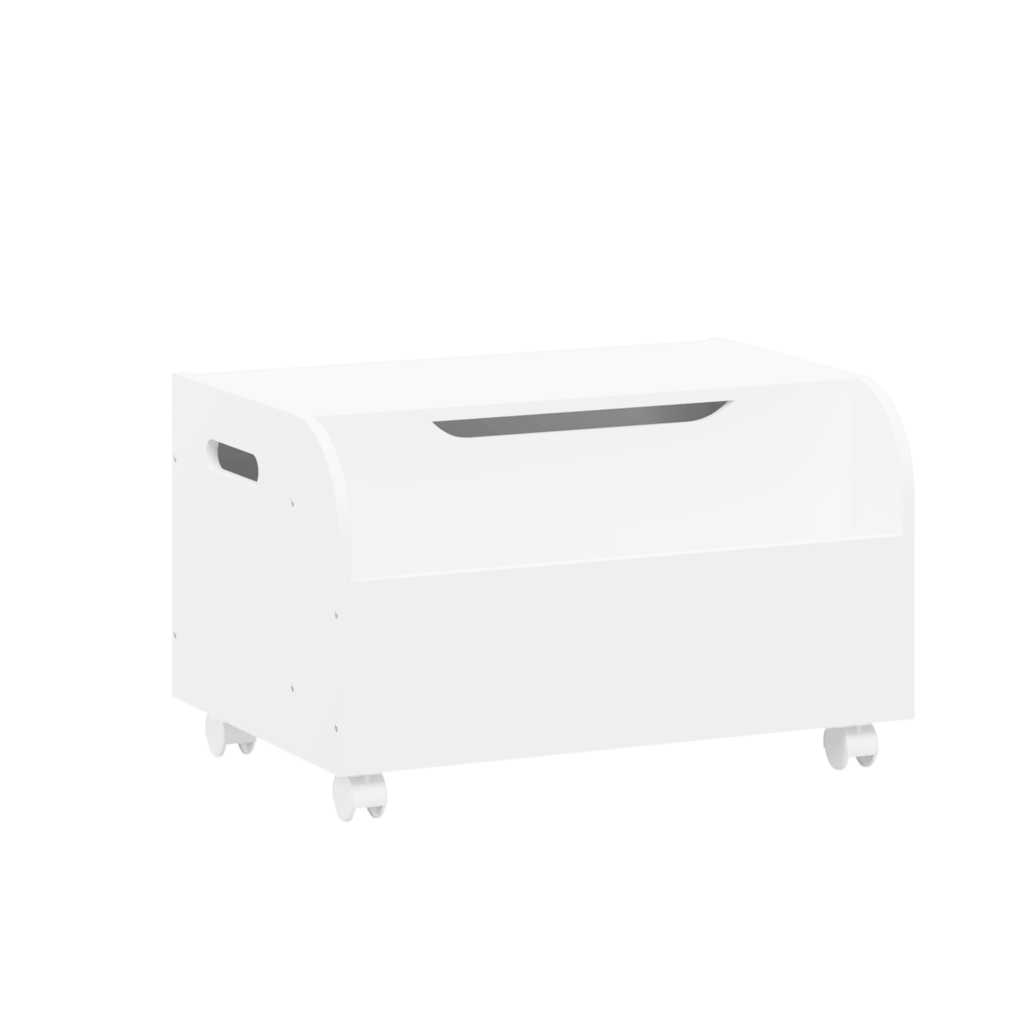 White Wooden Toy Box with 4 Universal Wheels, Kids Playroom Storage Organizer with Front Bookshelf, Flip-Top Lid, Safety Hing