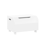 White Wooden Toy Box with 4 Universal Wheels, Kids Playroom Storage Organizer with Front Bookshelf, Flip-Top Lid, Safety Hing