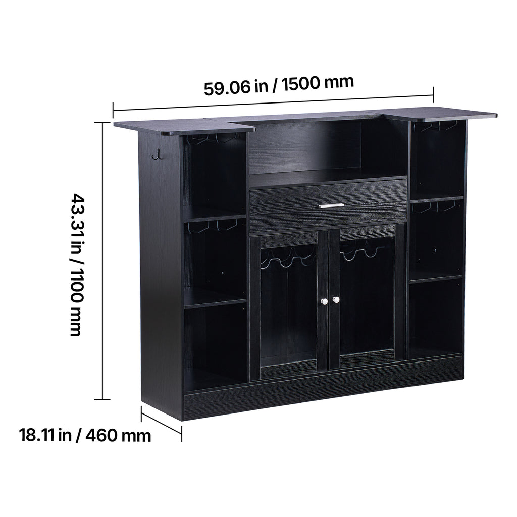 Home Bar Unit, Wine Bar Cabinet Table 4-Tier with Storage Drawer Shelves, Wine Glass Holder, Bottle Rack, LED Light, Wood & Metal Liquor Cabinet for Home, Basement, Kitchen, Living Room, Black - Grand Goldman Shop