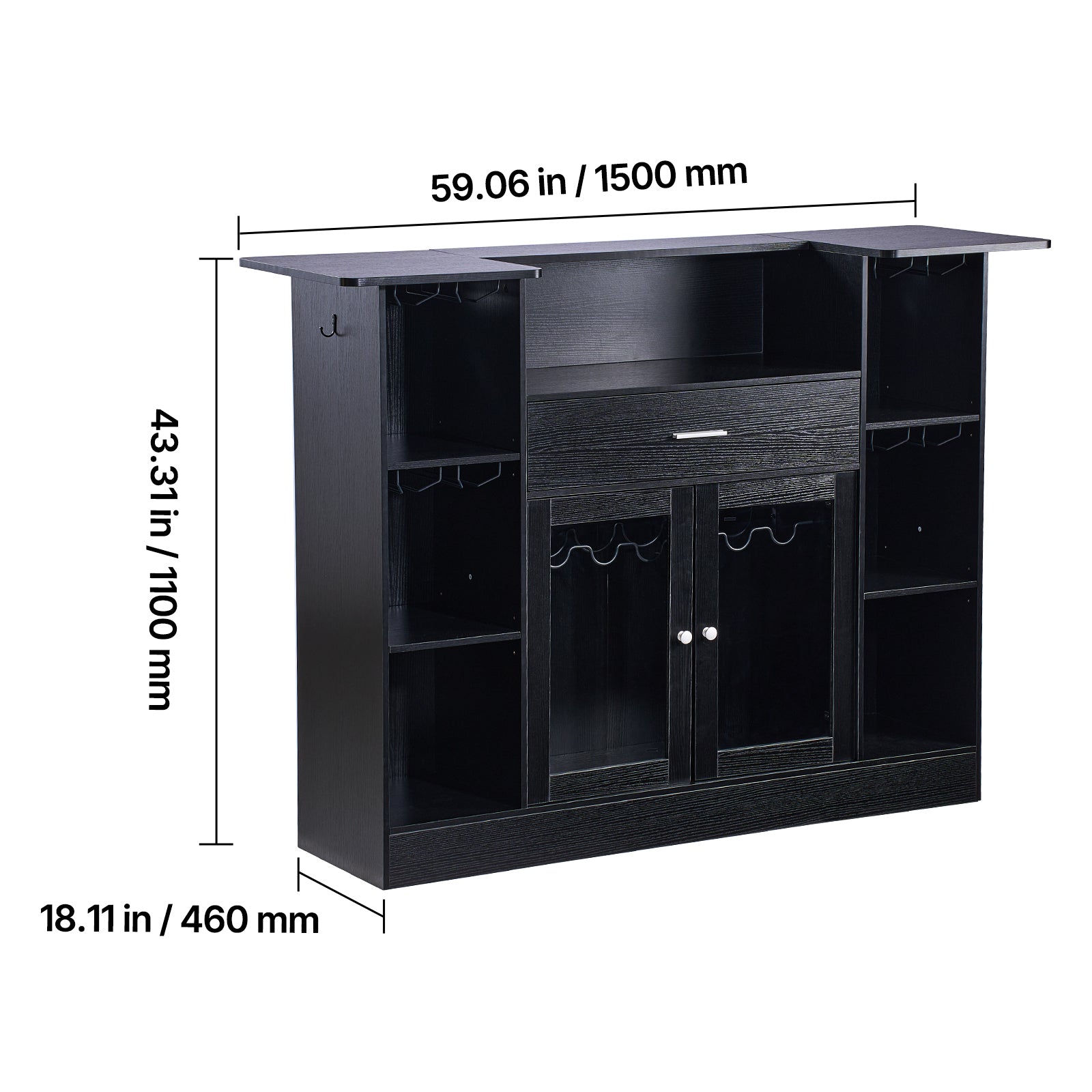 Home Bar Unit, Wine Bar Cabinet Table 4-Tier with Storage Drawer Shelves, Wine Glass Holder, Bottle Rack, LED Light, Wood & Metal Liquor Cabinet for Home, Basement, Kitchen, Living Room, Black - Grand Goldman Shop