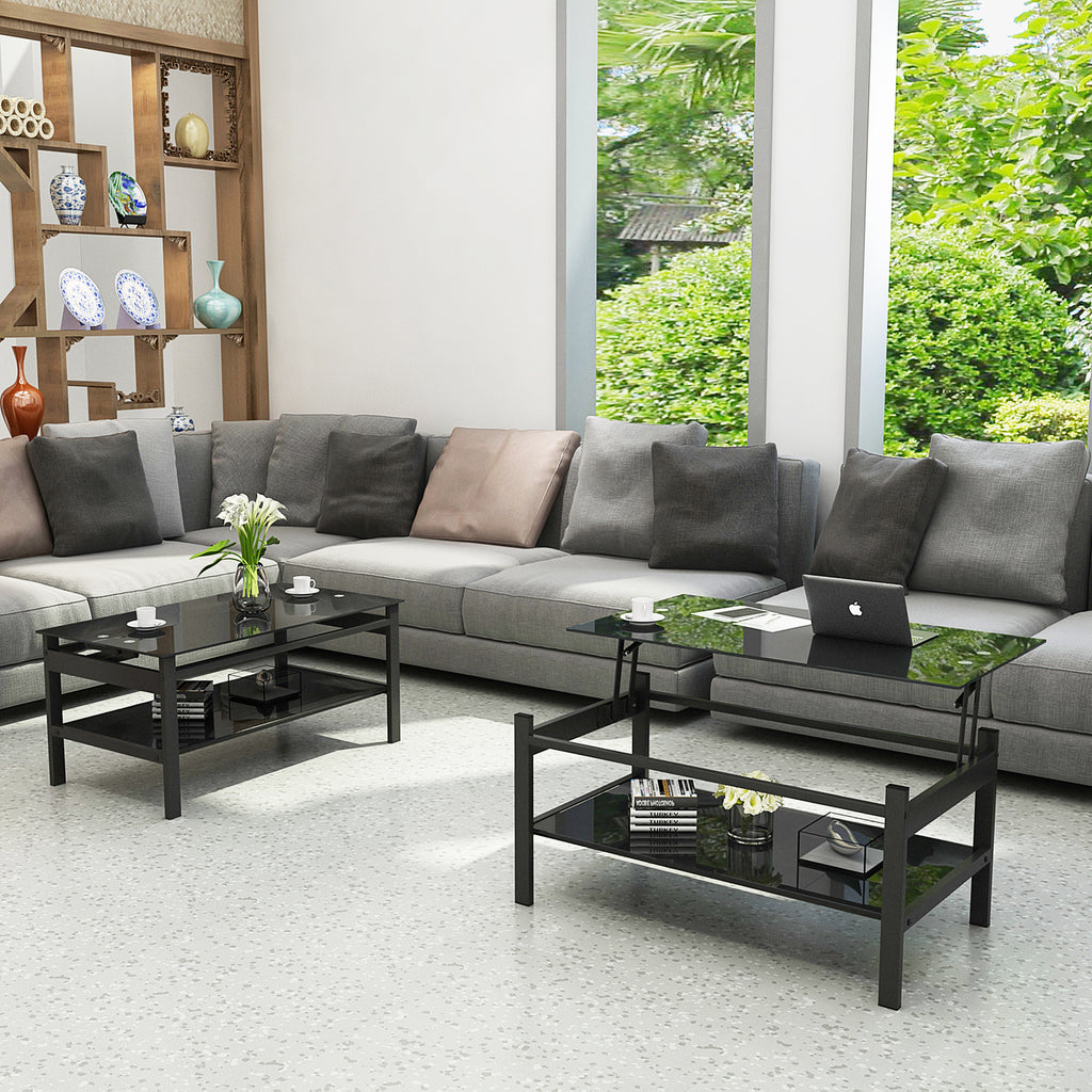 Modern Simple Lift Top Coffee Table with 2-Layer Tempered Glass in Black for Living Room - Grand Goldman Shop