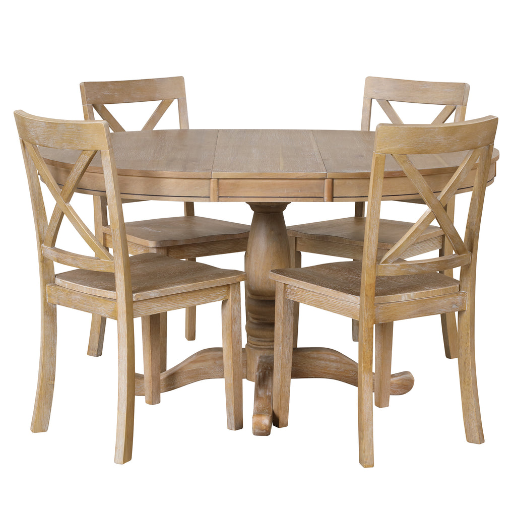 Modern Natural Wood Wash Dining Table Set for 4 with Round Table and Chairs, Solid Wood and MDF - Grand Goldman Shop