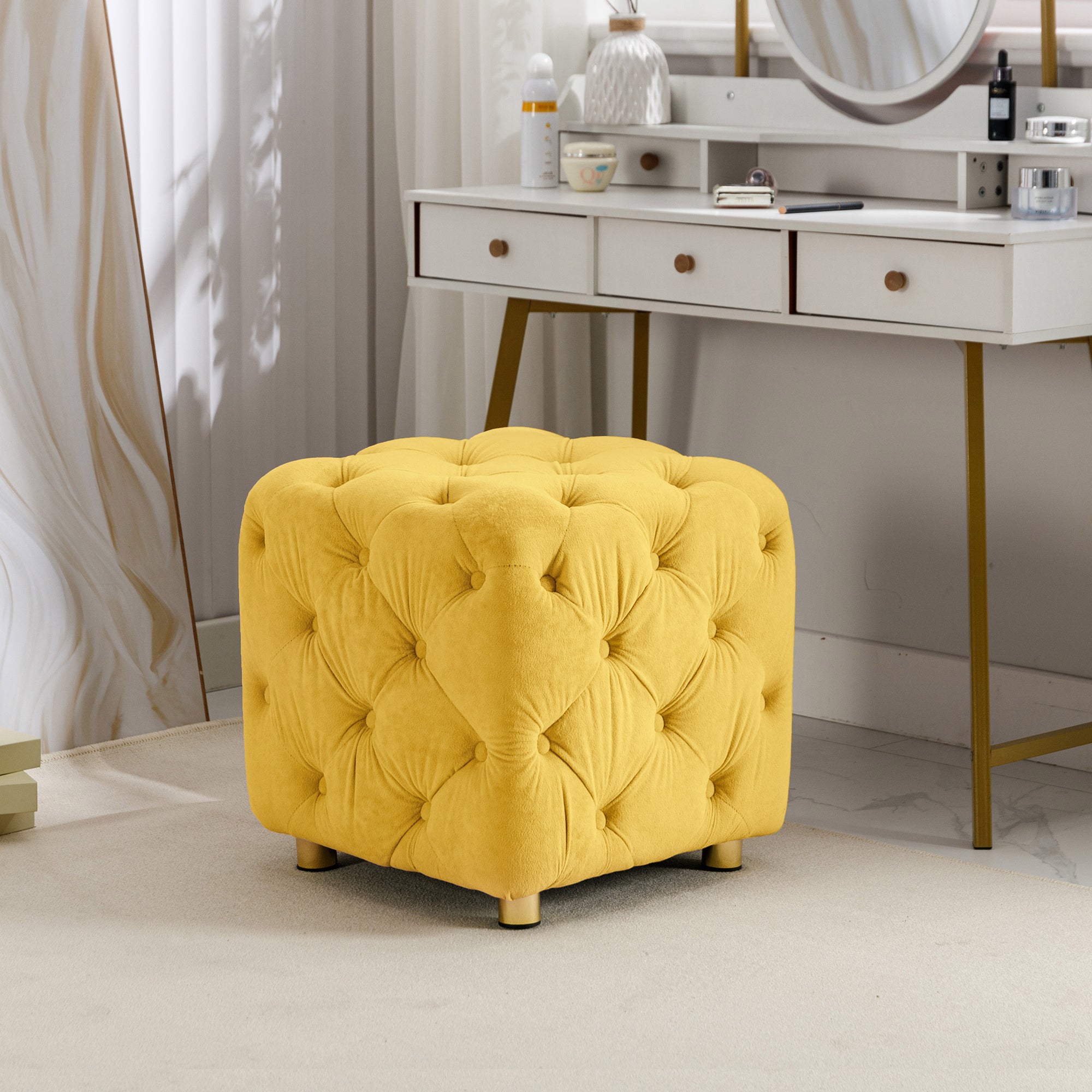 Yellow Modern Velvet Upholstered Ottoman, Exquisite Small End Table, Soft Foot Stool, Dressing Makeup Chair, Comfortable Seat for Living Room, Bedroom, Entrance - Grand Goldman Shop