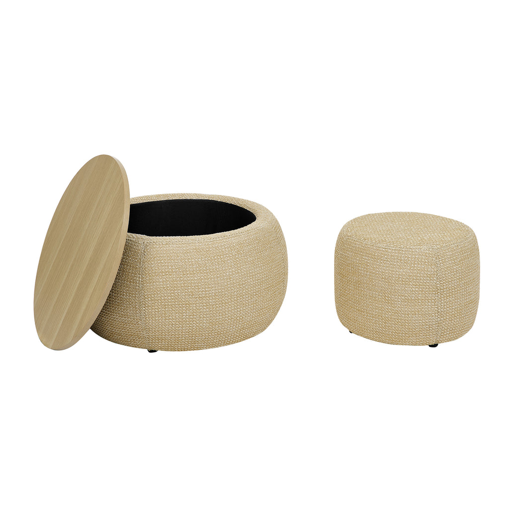 Woven Rattan Fabric Round Storage Ottoman with 2-in-1 Function as End Table and Ottoman, Dark Yellow, 25'x25'x14.7' - Grand Goldman Shop