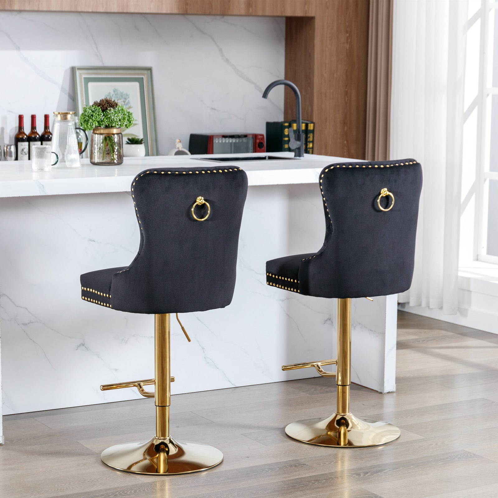 A&A Furniture Modern Swivel Velvet Barstools with Adjustable Seat Height, Comfortable Black Tufted Upholstery, Set of 2 - Grand Goldman Shop