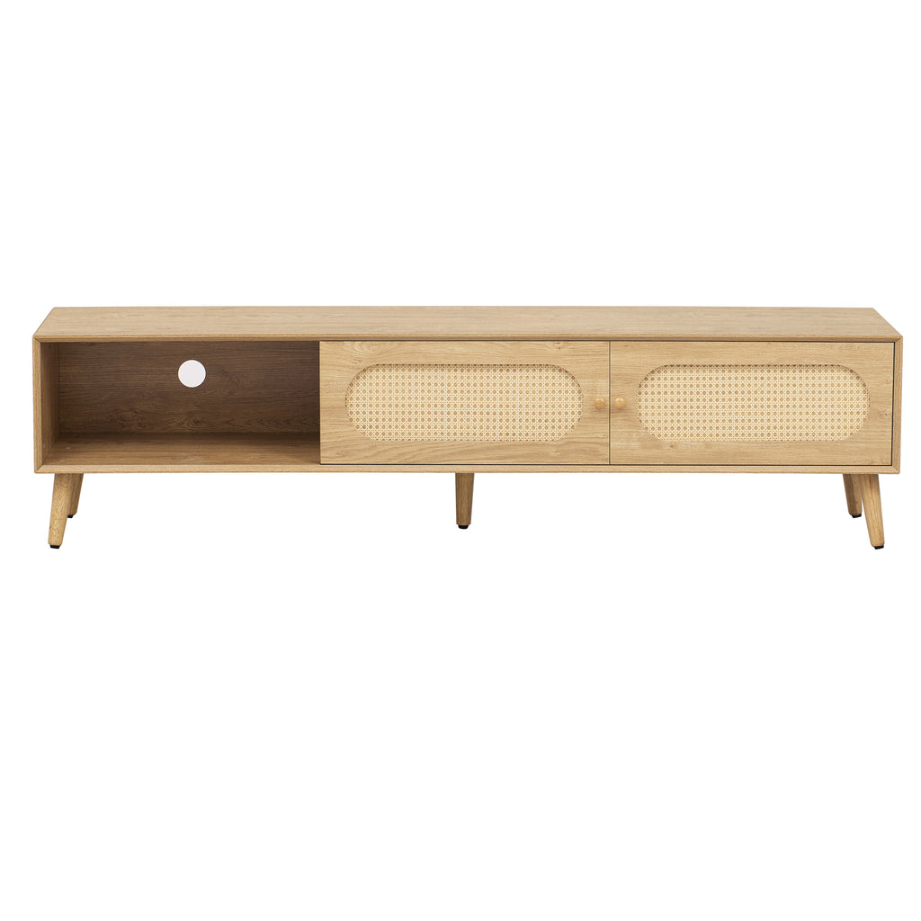 Boho TV Stand for TVs up to 80'', Modern Farmhouse Media Console with Solid Wood Legs, Natural Wood Finish, MDF Cabinet, 70.8''L x 15.7''W x 17.7''H - Grand Goldman Shop