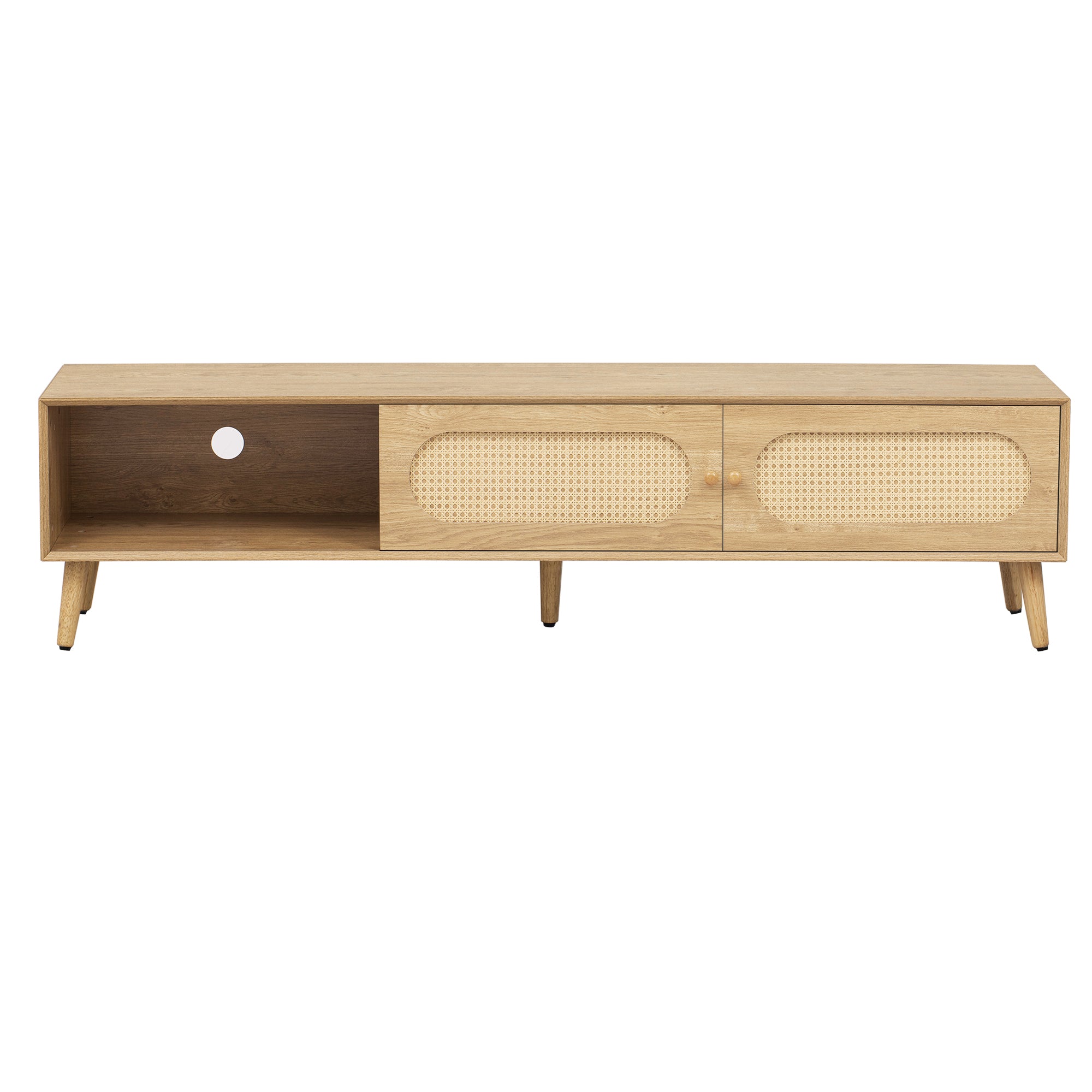 Boho TV Stand for TVs up to 80'', Modern Farmhouse Media Console with Solid Wood Legs, Natural Wood Finish, MDF Cabinet, 70.8''L x 15.7''W x 17.7''H - Grand Goldman Shop