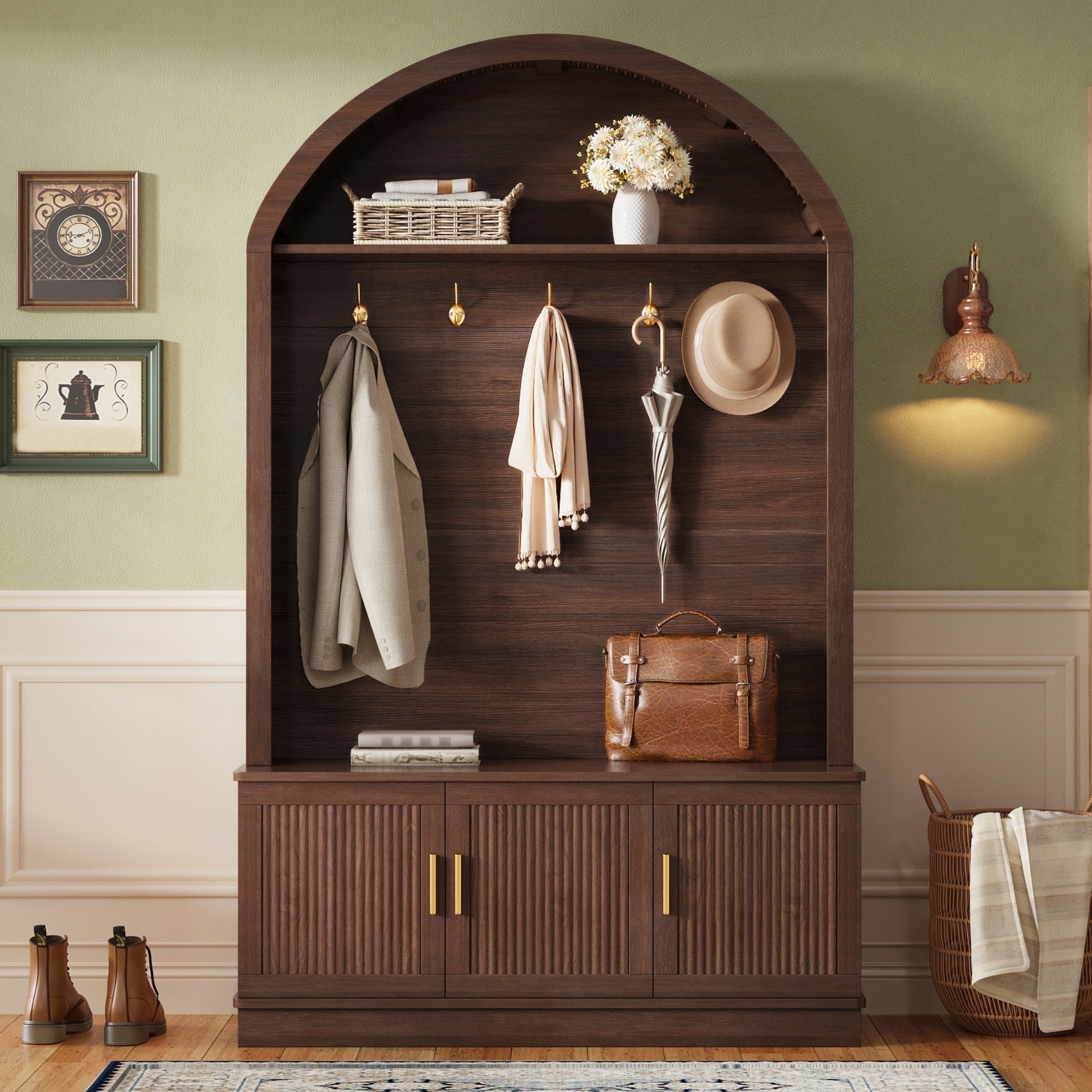 Farmhouse Fabric Arched Top Hall Tree with 5 Metal Hooks, All-in-One Mudroom Furniture with Adjustable Shelves, Mid-Century Fluted Door Entryway Bench with Wood Grain Finish for Hallway, Walnut - Grand Goldman Shop