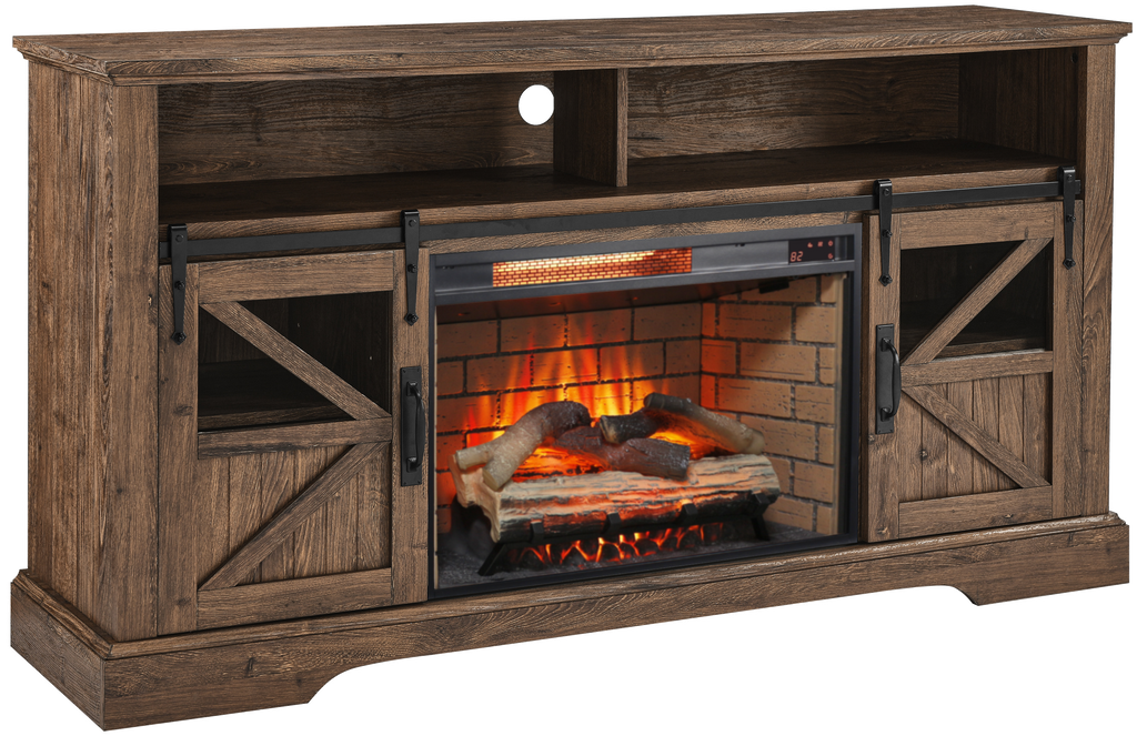 60 Inch Electric Fireplace  Entertainment Center With Door Sensor-Reclaimed Barnwood Color - Grand Goldman Shop