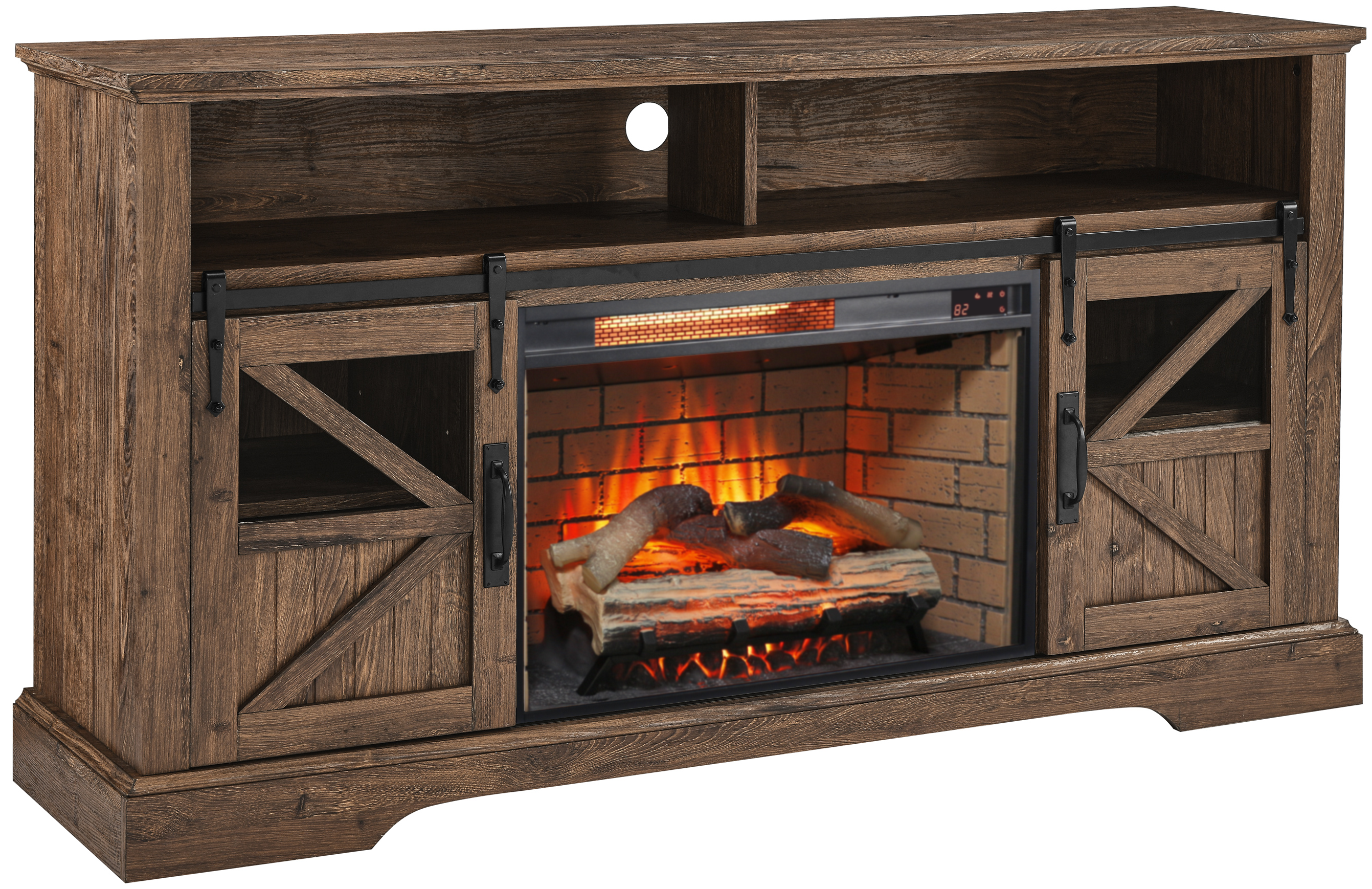 60 Inch Electric Fireplace  Entertainment Center With Door Sensor-Reclaimed Barnwood Color - Grand Goldman Shop
