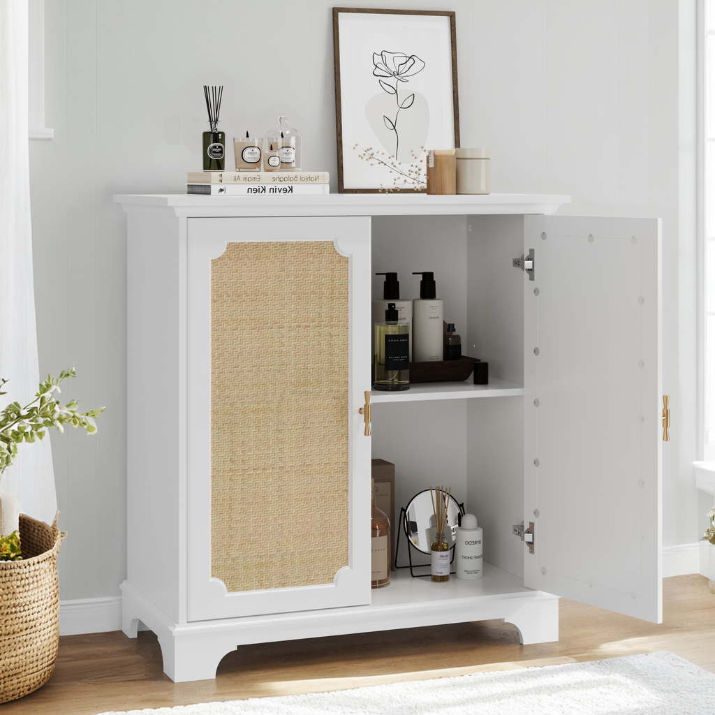 Rattan Decorated Sideboard Buffet Storage Liquor Cabinet, White Particle Board & MDF, 31.10 x 14.96 x 34.25 inches - Grand Goldman Shop