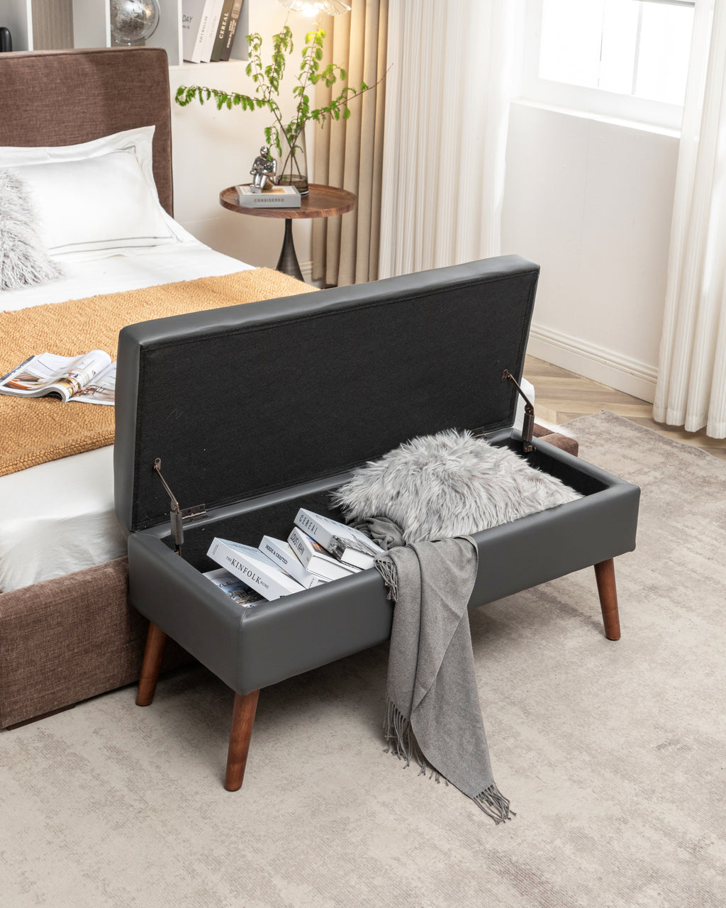 Storage Bench with Storage Bench for Bedroom End of Bed Bench Foot of Bed Bench Entryway Bench Storage Ottoman Bench 43.3' W x 17.7' Dark Grey Leather Bench - Grand Goldman Shop