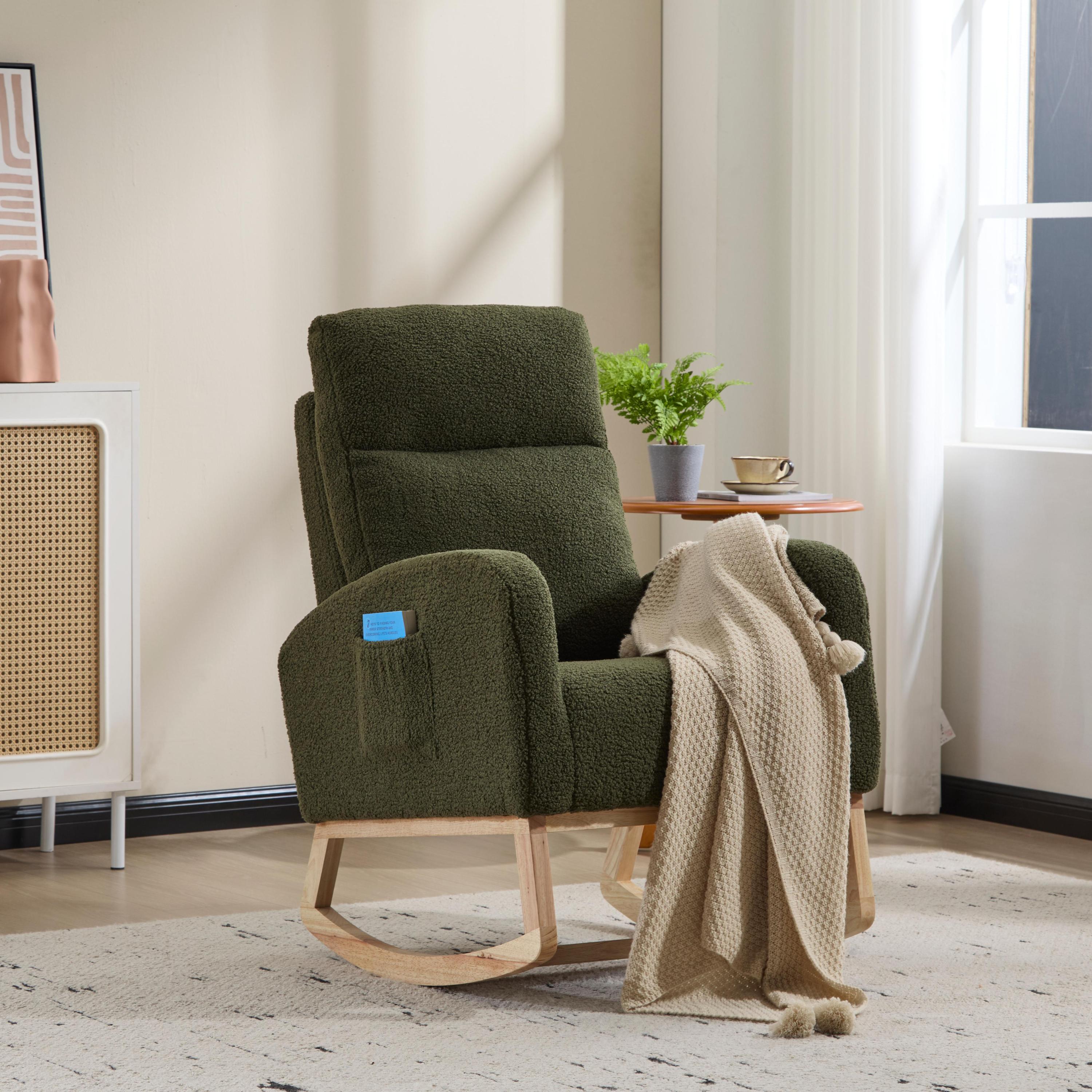 Modern Accent Rocking Chair Rocking Chair with Solid Wood Legs, Upholstered Nursery Glider Rocker, Comfy Armchair with Side Pocket, Living Room Lounge Arm Chair with High Backrest (green,teddy) - Grand Goldman Shop