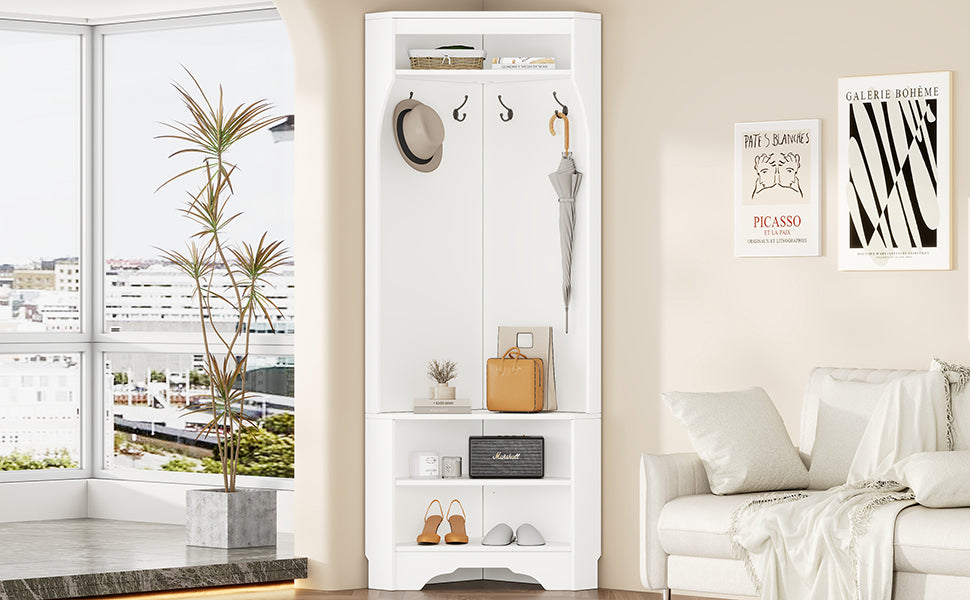 Minimalist Corner Hall Tree with Shoe Bench, Versatile Entryway Coat Rack with 4 Hooks, Corner Cabinet with Adjustable Shelf for Hallway, Living Room, White, 29.5''W*71.6''H (OLD SKU: N721P189665K) - Grand Goldman Shop