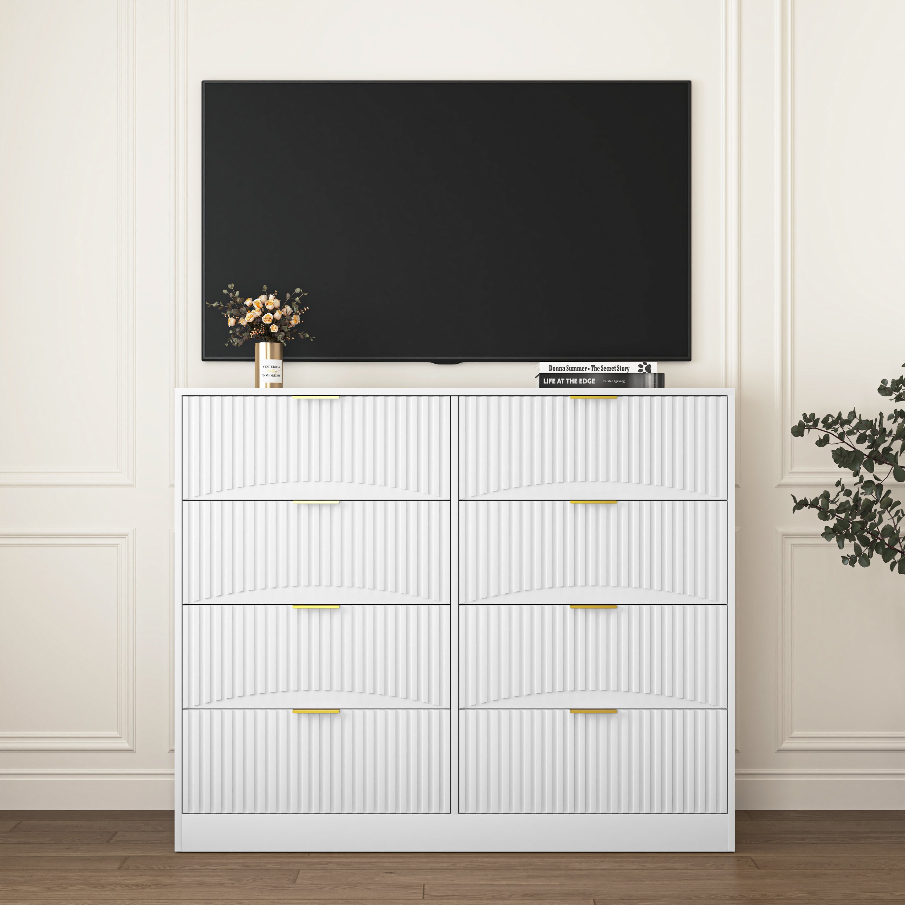 Modern 8 Drawers Dresser Chests for Bedroom,47.2' Wide Wood Chest of Drawers with Gold Metal Handle,Drawer Organizer for Bedroom,Living Room,Hallway and Entryway,White - Grand Goldman Shop