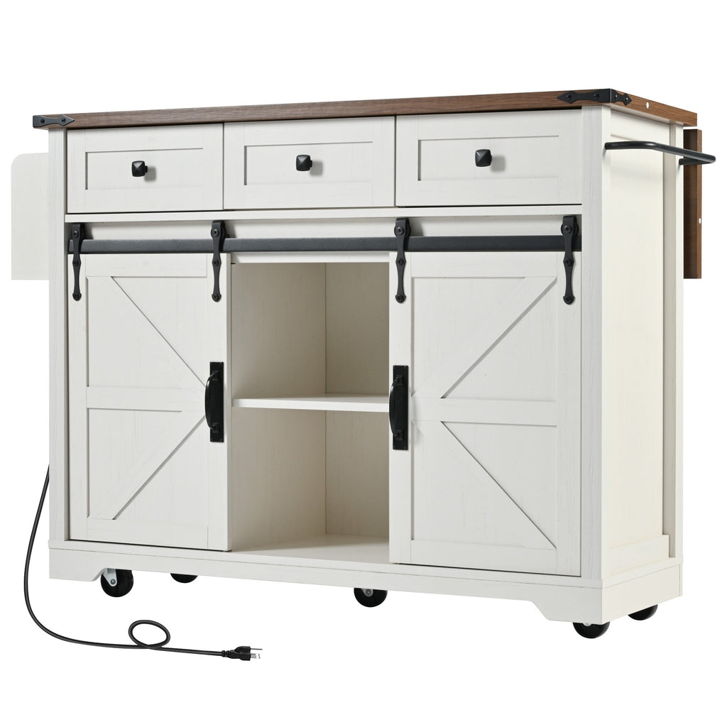 K&K 53.7' Farmhouse Kitchen Island with Power Outlet, 2 Sliding Barn Door Kitchen Storage Island with Drop Leaf, Spice Rack Rolling Kitchen Cart on Wheels, for Home, Kitchen and Dining Room, White - Grand Goldman Shop