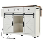 K&K 53.7' Farmhouse Kitchen Island with Power Outlet, 2 Sliding Barn Door Kitchen Storage Island with Drop Leaf, Spice Rack Rolling Kitchen Cart on Wheels, for Home, Kitchen and Dining Room, White - Grand Goldman Shop