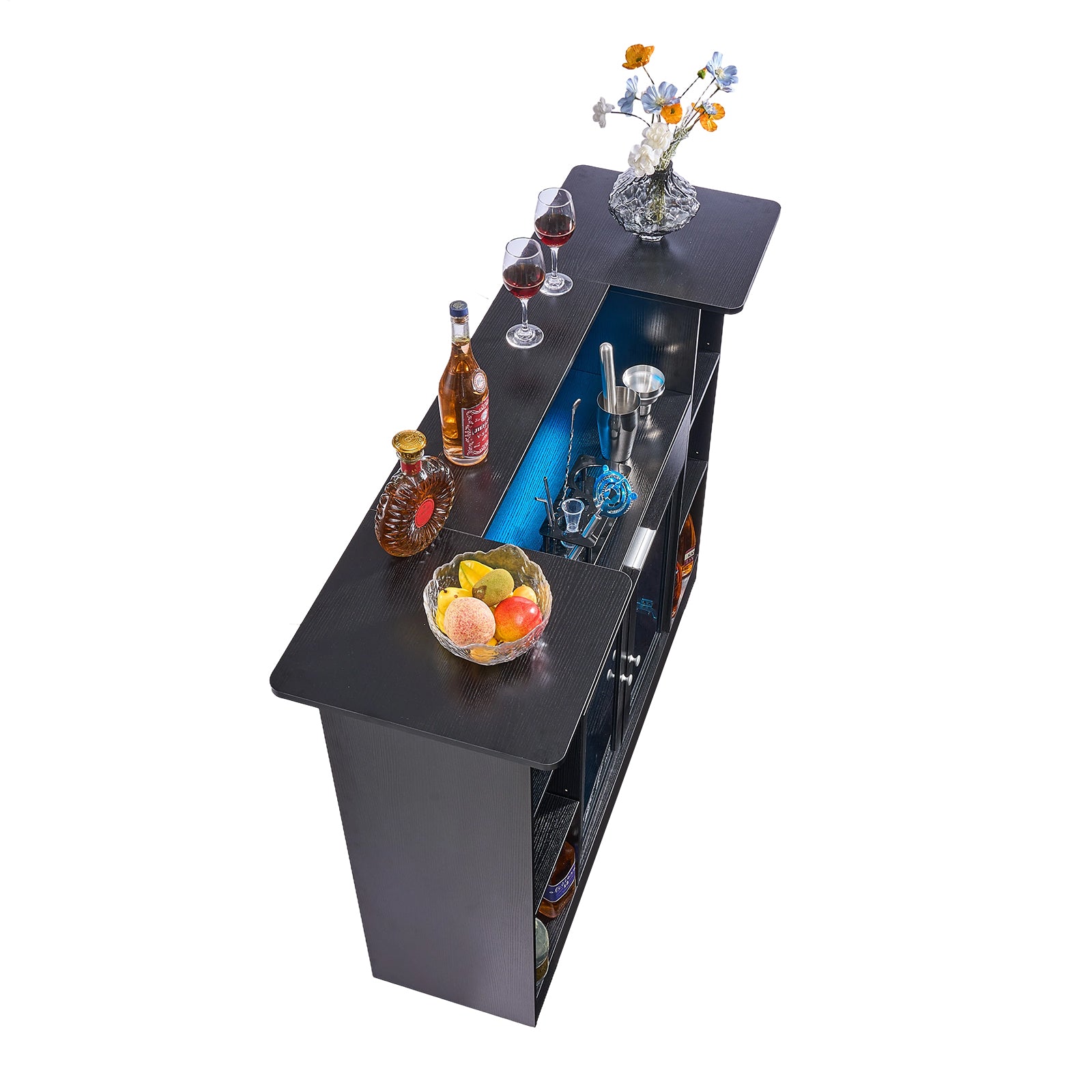 Home Bar Unit, Wine Bar Cabinet Table 4-Tier with Storage Drawer Shelves, Wine Glass Holder, Bottle Rack, LED Light, Wood & Metal Liquor Cabinet for Home, Basement, Kitchen, Living Room, Black - Grand Goldman Shop