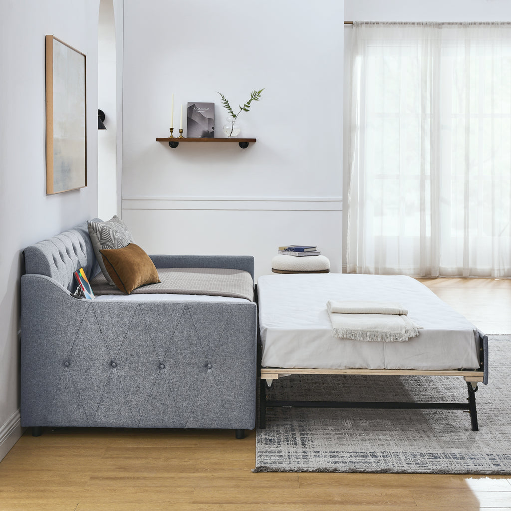 Linen Grey Mid-Century Style Twin Size Upholstered Daybed with Trundle and USB Charging Armrest - Grand Goldman Shop