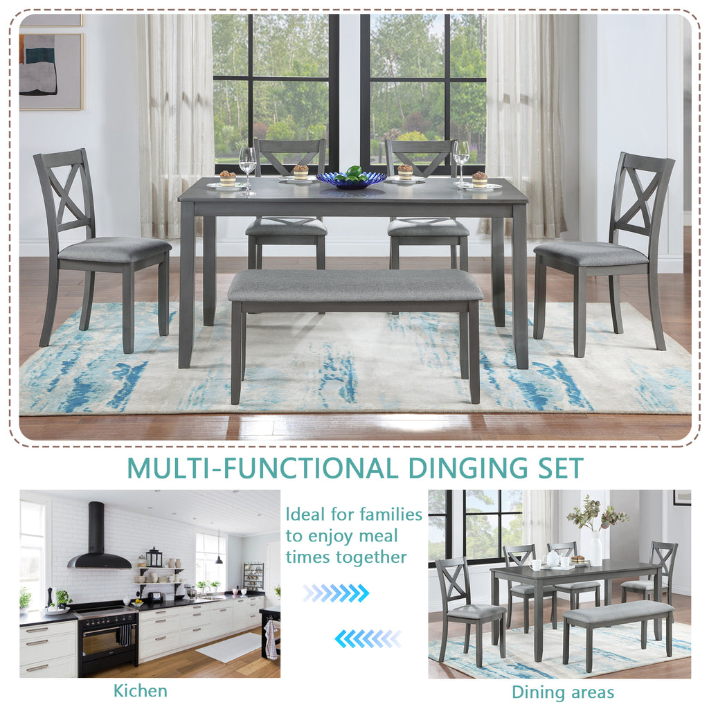 6PCs Kitchen Dining Set, Rectangular Wooden Dining Table with 4 Upholstered Chairs and a Bench, Dining Table Set for 6 People, Living Room, Home Bar and Kitchen, Gray - Grand Goldman Shop