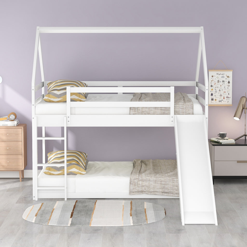 Twin Bunk House Bed with Slide and Ladder, White - Grand Goldman Shop