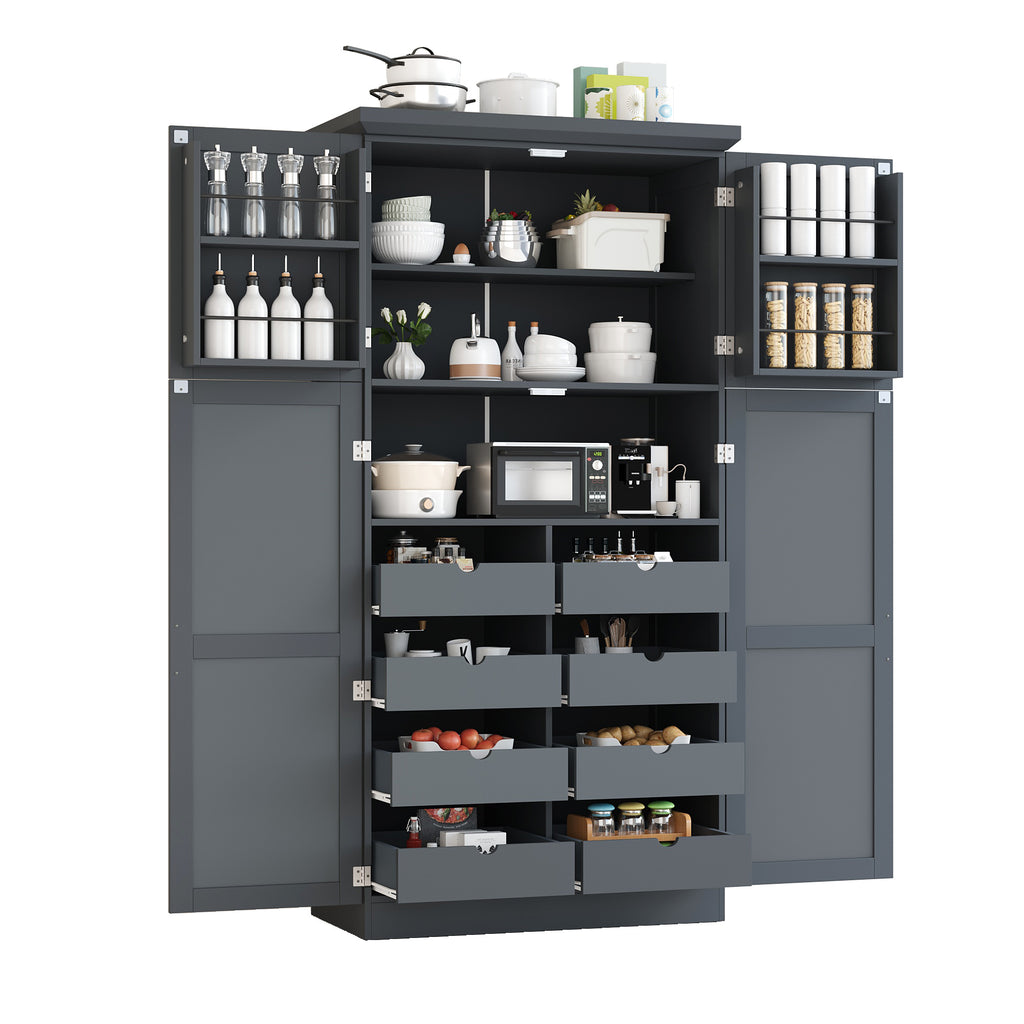 [Assembly Video Provided] TOPMAX 35.5x17.6x70.9inch Freestanding Kitchen Pantry Cabinet, Tall Storage Cabinet with 4 Doors, 2 Door Shelves, 8 Pull-out Trays and Adjustable Shelf for Dining Room, Gray - Grand Goldman Shop