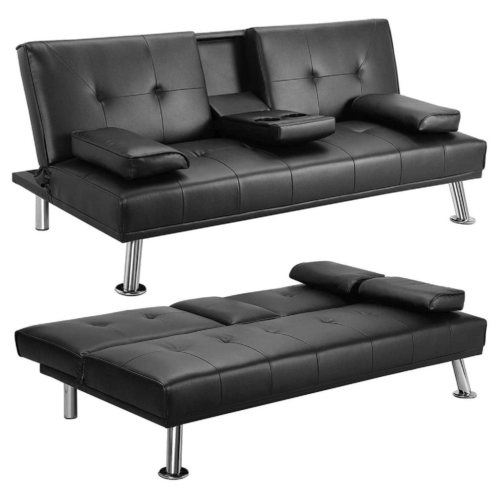 MEGA Futon Sofa Bed, Modern Faux Leather Convertible Folding Lounge Sofa for Living Room with 2 Cup Holders Removable Soft Armrests and Sturdy Metal Legs, Charming Black. - Grand Goldman Shop