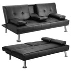 MEGA Futon Sofa Bed, Modern Faux Leather Convertible Folding Lounge Sofa for Living Room with 2 Cup Holders Removable Soft Armrests and Sturdy Metal Legs, Charming Black. - Grand Goldman Shop