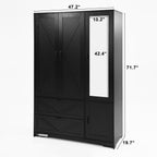4 Doors Wardrobe Closet with Mirror, LED Wardrobe with Doors and 2 Drawers, Wooden Wardrobe Storage Cabinet with Hanging Rod, Adjustable Shelves, Black - Grand Goldman Shop