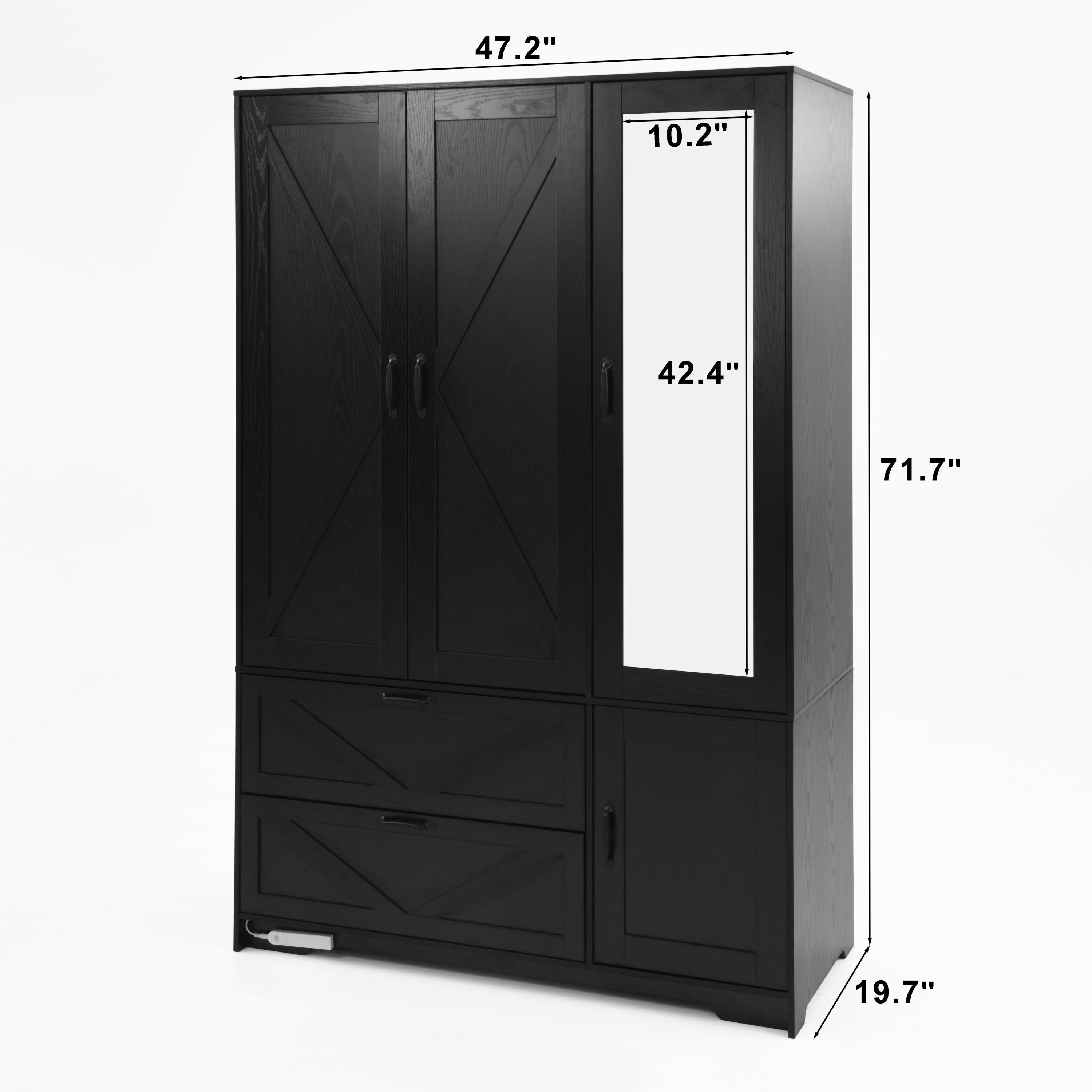 4 Doors Wardrobe Closet with Mirror, LED Wardrobe with Doors and 2 Drawers, Wooden Wardrobe Storage Cabinet with Hanging Rod, Adjustable Shelves, Black - Grand Goldman Shop