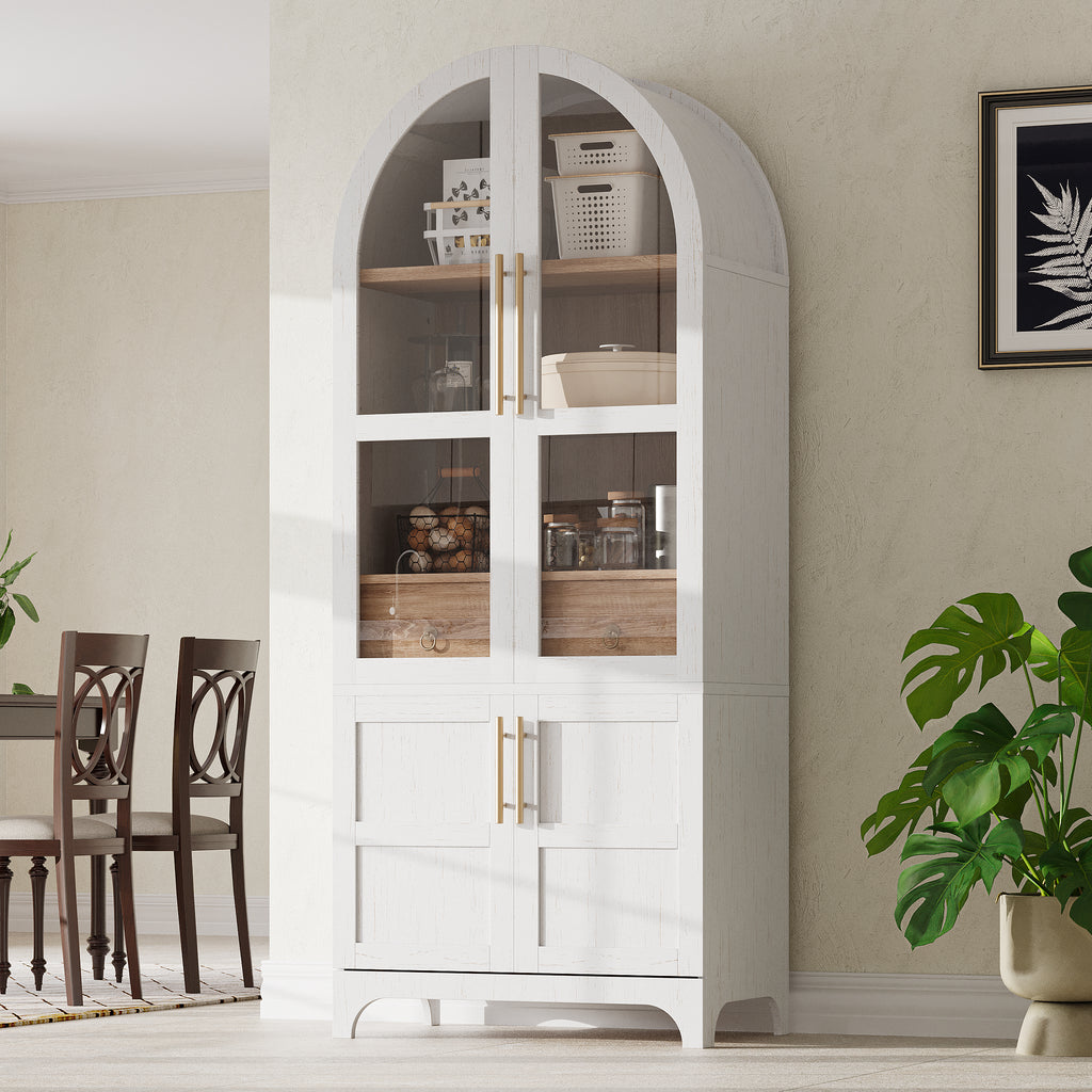 K&K 71' Tall Arched Kitchen Pantry Cabinet with Door Shelves, Farmhouse Kitchen Storage Cabinet with Open & Adjustable Shelves, Hidden Drawer & Glass Door, Cupboard for Kitchen, Dining Room, White - Grand Goldman Shop