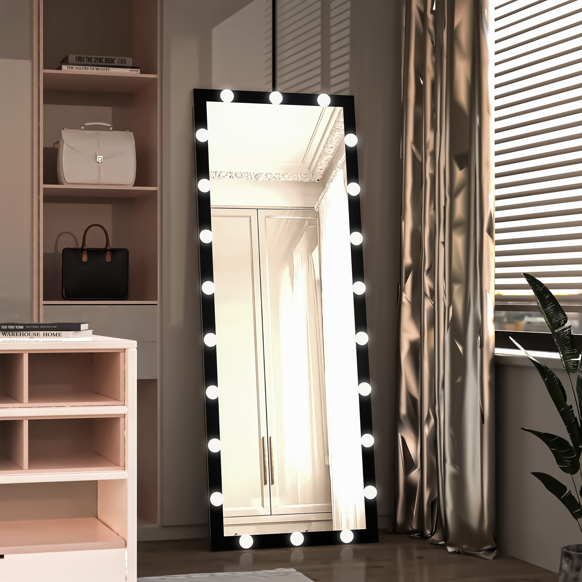Hollywood Full Length Mirror with Lights Full Body Vanity Mirror with 3 Color Modes Lighted Standing Floor Mirror for Dressing Room Bedroom Wall Mounted Touch Control Black 63x24inch - Grand Goldman Shop