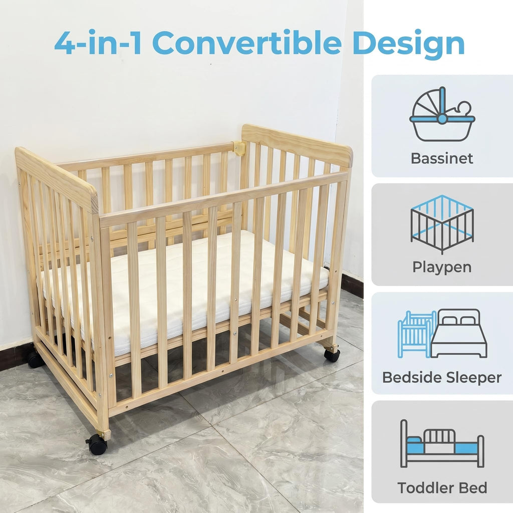 Portable Pine Wood Bedside Bassinet with 3 Adjustable Heights, Natural Wood Mini Crib for Newborns 0-36 Months, Compact Desig