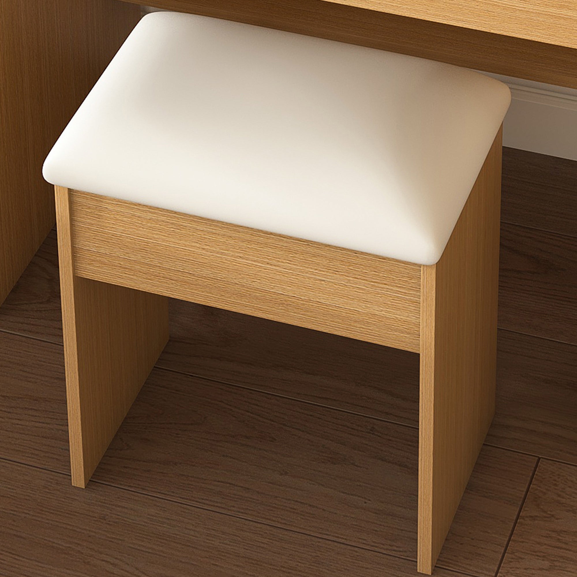 Modern Wood Vanity Table with LED Mirror, Power Outlet, Hairdryer Holder & Padded Stool – Compact Dressing Desk for Small Bedrooms - Grand Goldman Shop