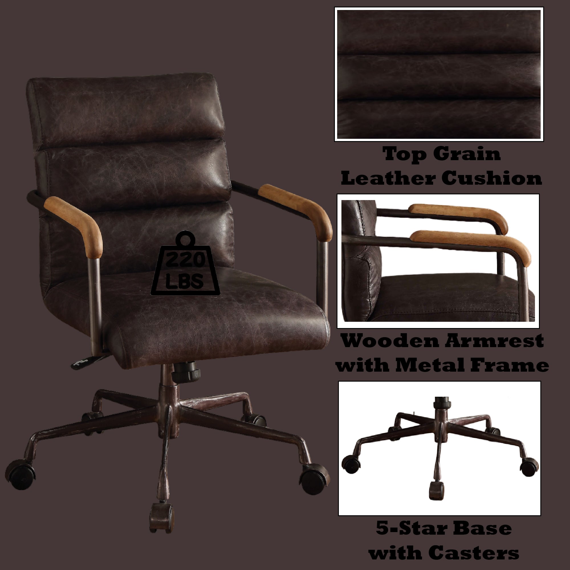 Harith Antique Slate Top Grain Leather Office Chair with Adjustable Height and Swivel Seat | Premium Home Decor - Grand Goldm