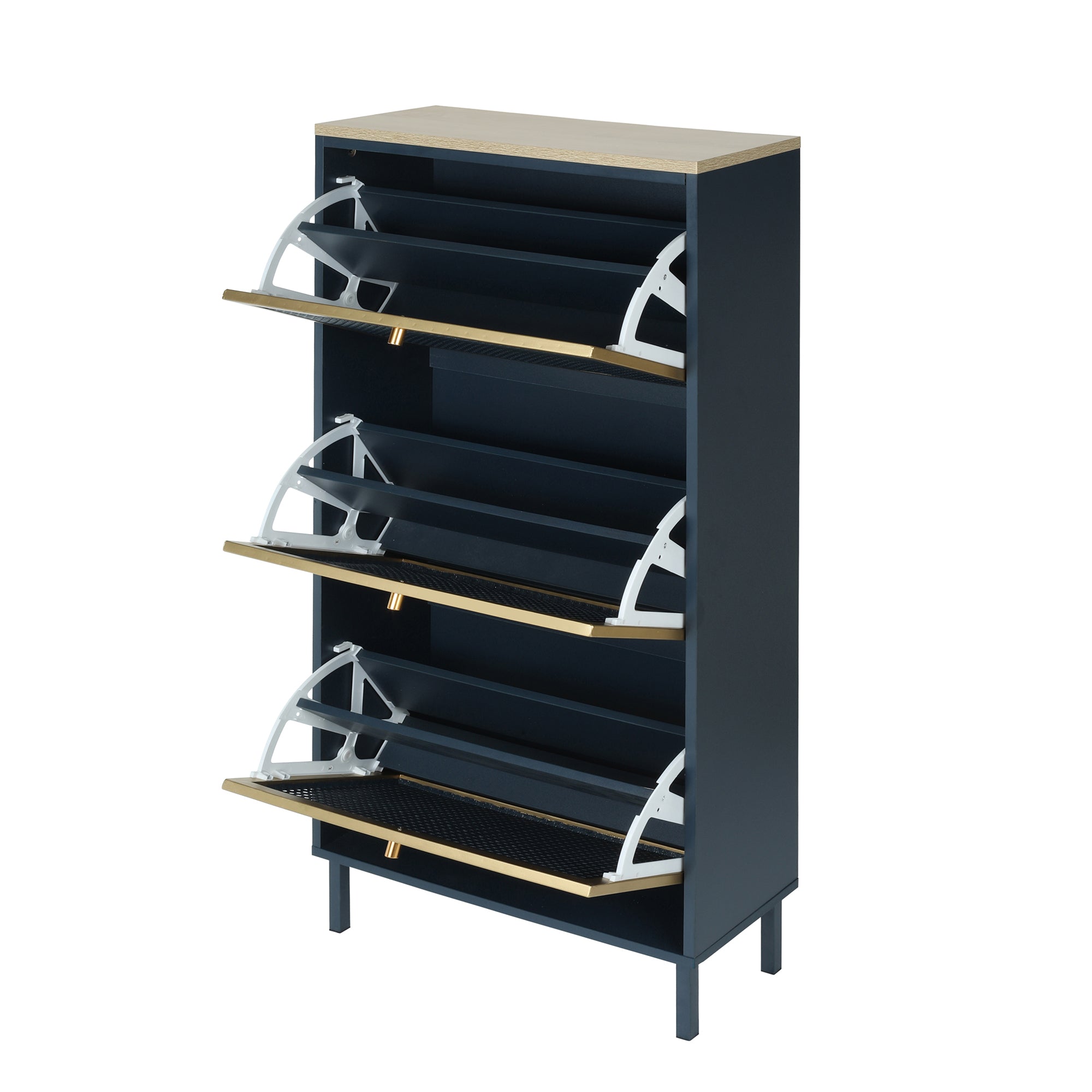 3-Door Metal Shoe Rack, Freestanding Modern Shoe Storage Cabinet with Metal Rattan - Blue-Gray Particle Board - For Entryway - Grand Goldman Shop