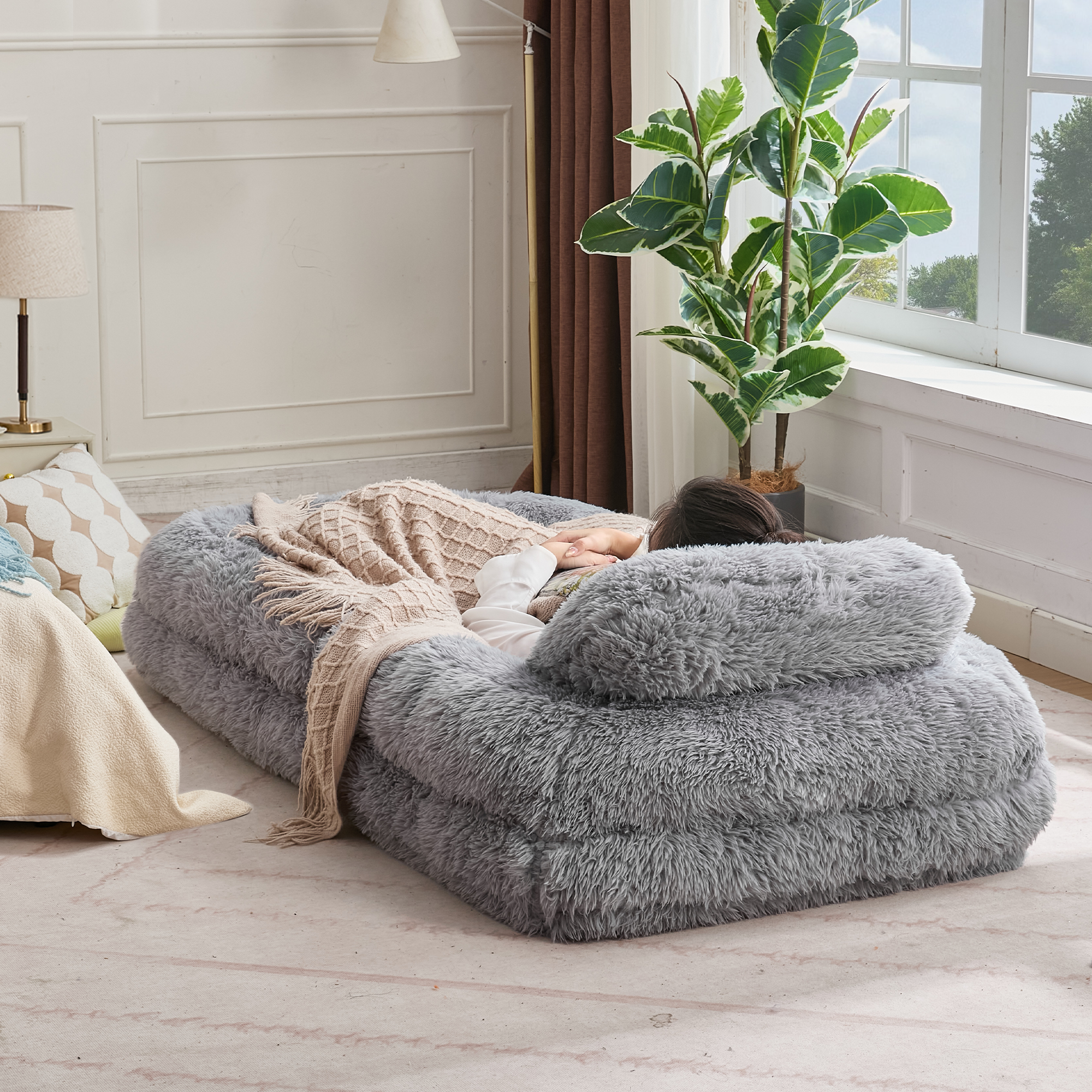 [NEW ARRIVED] [VIDEO PROVIDED] Human Dog Bed,Lazy Sofa,5-Position Adjustable Convertible,Floor Gaming Chair,bedroom, living room,Suitable for gaming, meditation,relaxation,Plush Fabric,Light Gray - Grand Goldman Shop