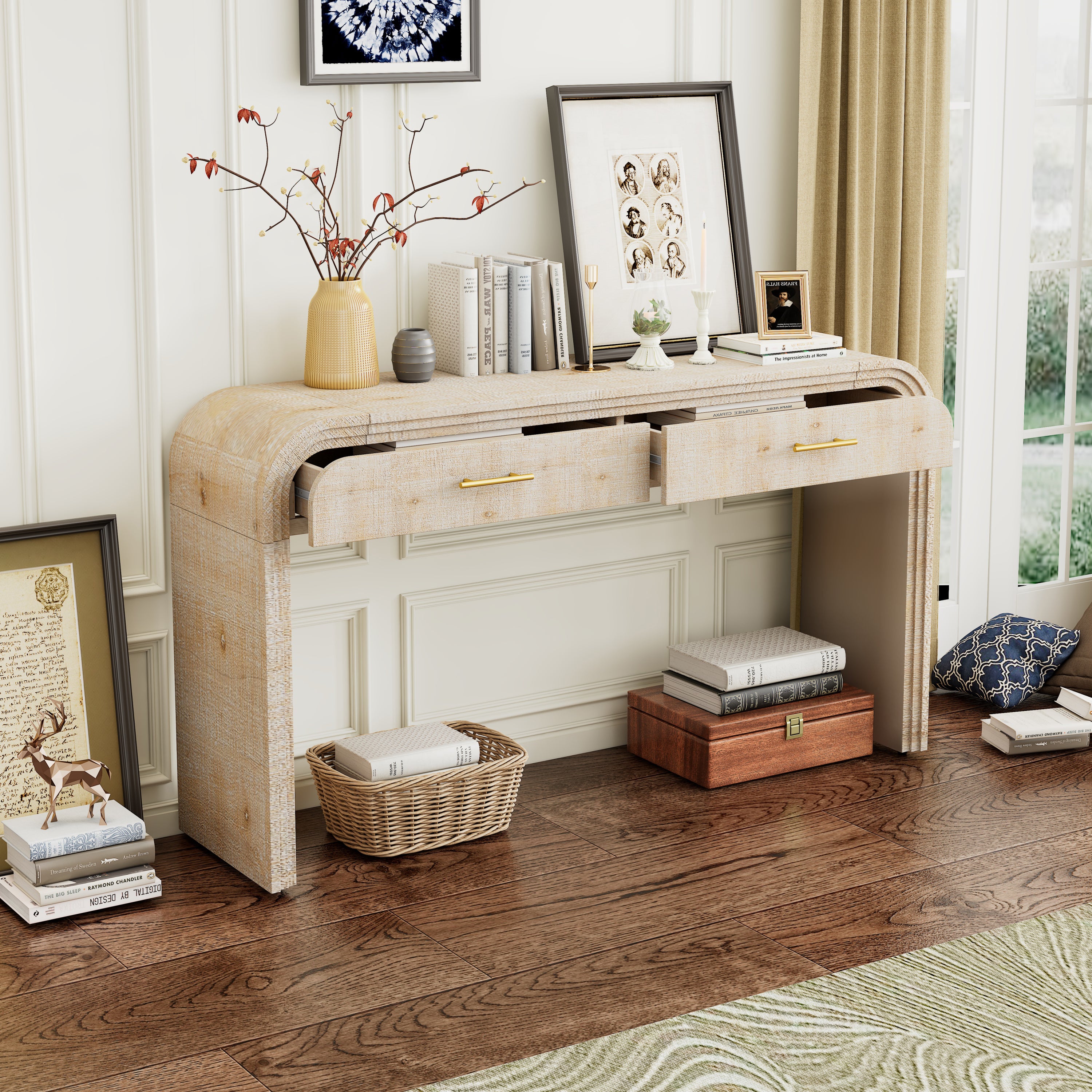 TREXM Unique Retro Silhouette Console Table with Open Style, Two Top Drawers for Entrance, Dinning Room, Living Room (Natural Wood Wash) - Grand Goldman Shop