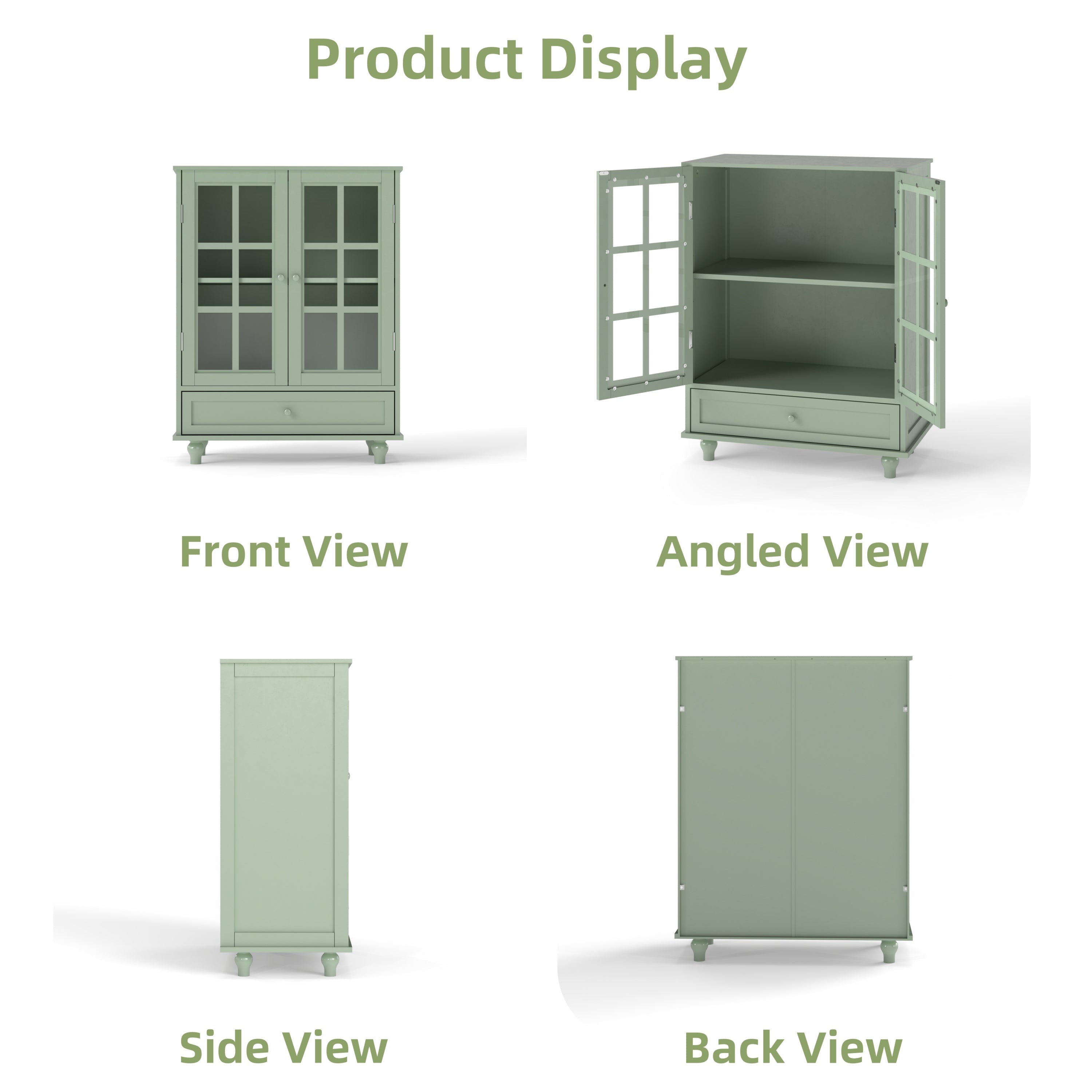 Minimalism Buffet Cabinet with Double Glass Doors and Drawer, Modern Wooden Storage Sideboard Cupboard, Mint Green, MDF and Solid Wood, 28''x15''x36.22'' - Grand Goldman Shop