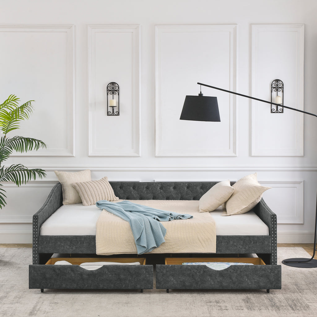 Mid-Century Grey Upholstered Tufted Daybed with Drawers and Copper Nail Trim, Queen Size (84.5'x63.5'x26.5') - Grand Goldman Shop