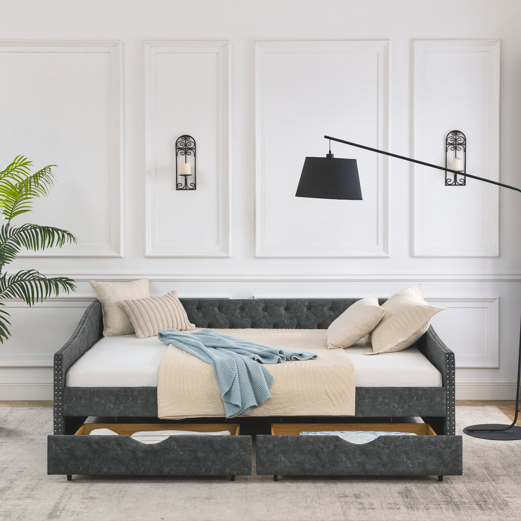Mid-Century Grey Upholstered Tufted Daybed with Drawers and Copper Nail Trim, Queen Size (84.5'x63.5'x26.5') - Grand Goldman Shop
