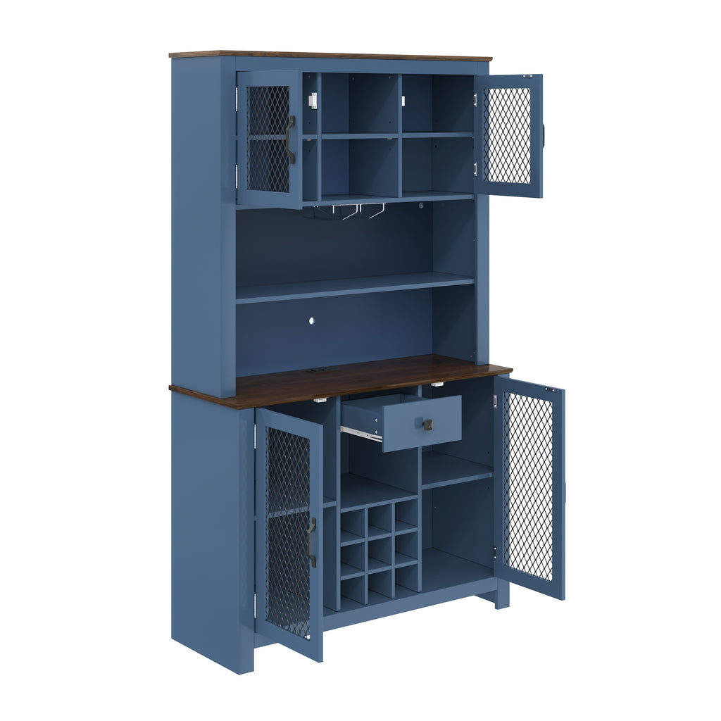 70.9' Kitchen Pantry Storage Cabinet Rustic Buffet Cabinet, Kitchen Hutch Cabinet with LED Outlets Food Pantry Cabinet with Doors and Shelves Wine Rack for Dining Room, Navy Blue - Grand Goldman Shop