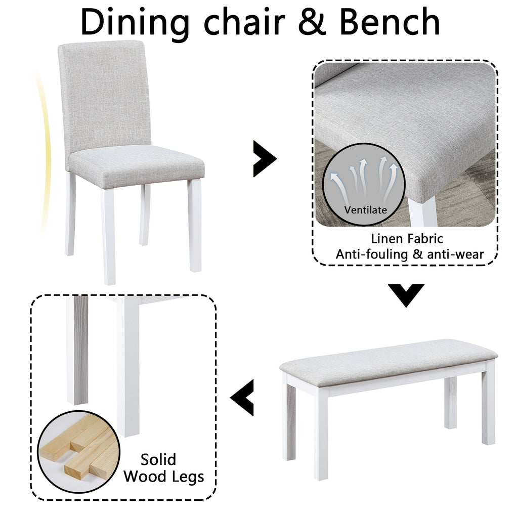 6 Piece Wooden Dining Table Set, Wooden Dining Table with 4 Upholstered Chairs and Bench for 6 People, Rectangular Dining Table Set with Crystal Decoration for Kitchen, Dining Room, White - Grand Goldman Shop