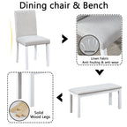 6 Piece Wooden Dining Table Set, Wooden Dining Table with 4 Upholstered Chairs and Bench for 6 People, Rectangular Dining Table Set with Crystal Decoration for Kitchen, Dining Room, White - Grand Goldman Shop