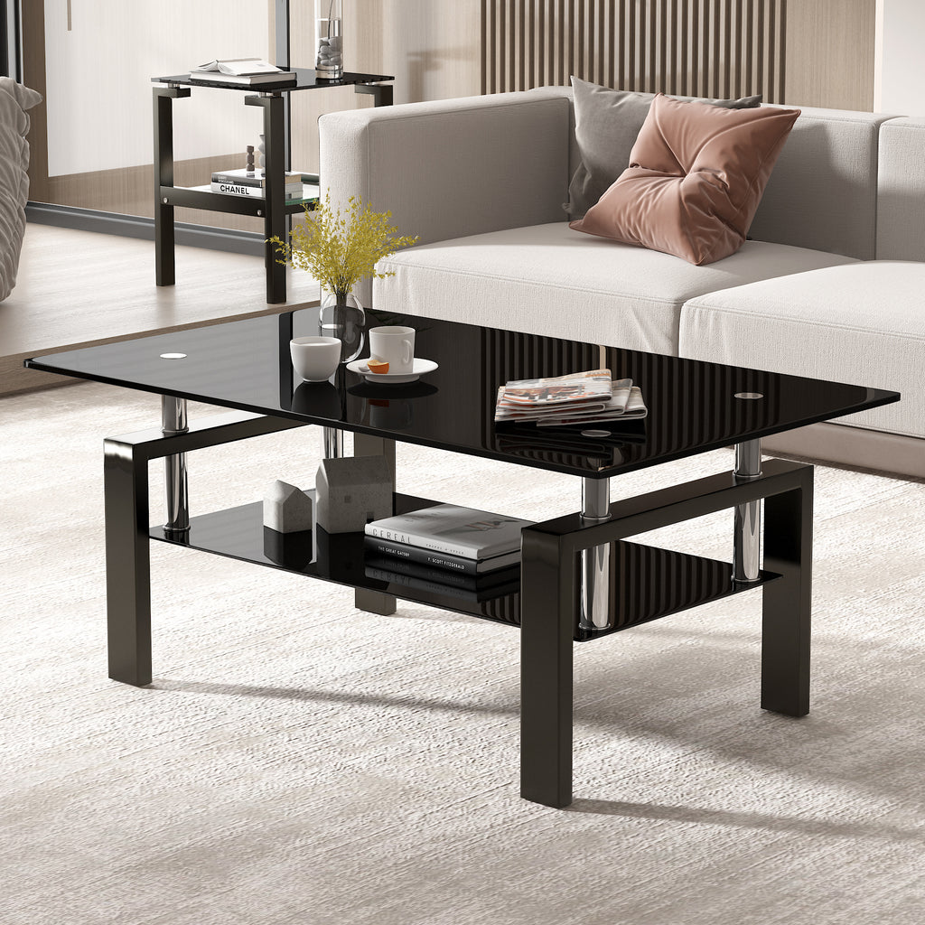 Modern Tempered Black Glass Coffee Table with 2-Layers and Waterfall Edges for Living Room - Grand Goldman Shop